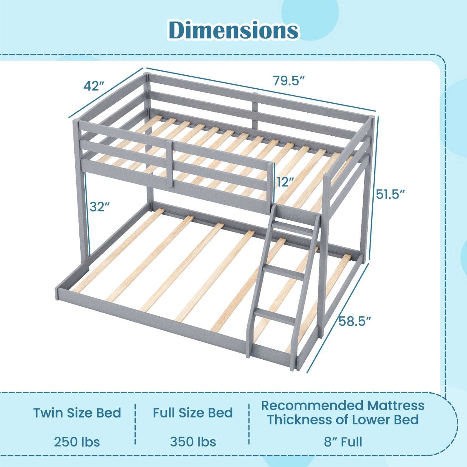 Twin Over Full Bunk Bed Frame, Low Floor, Gray Bunk Bed Frame at Gallery Canada