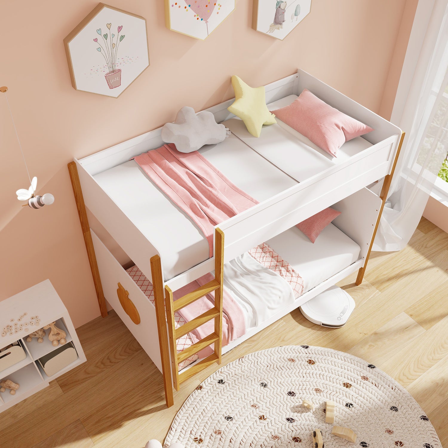 Twin Over Twin Bunk Bed, Twin Size, With Ladder And Guardrails, White Bunk Bed Frame at Gallery Canada