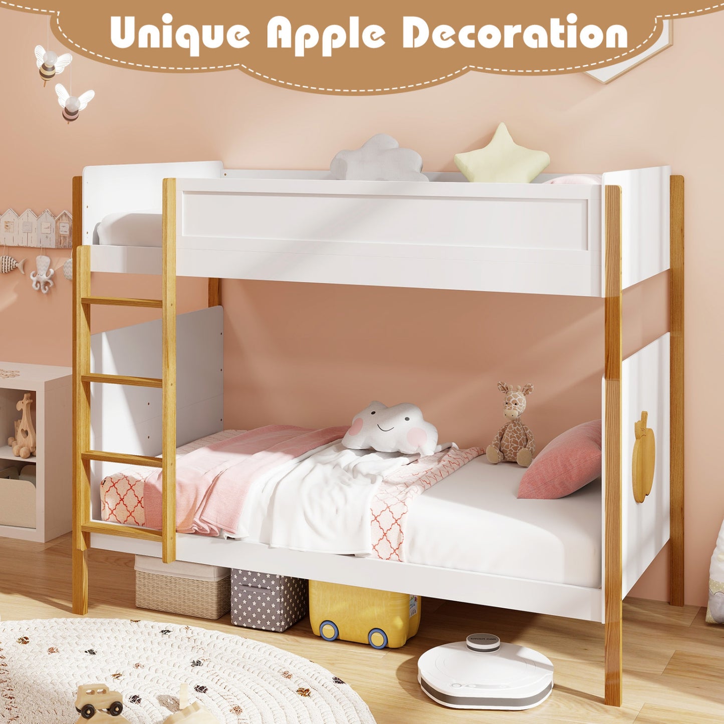 Twin Over Twin Bunk Bed, Twin Size, With Ladder And Guardrails, White Bunk Bed Frame at Gallery Canada
