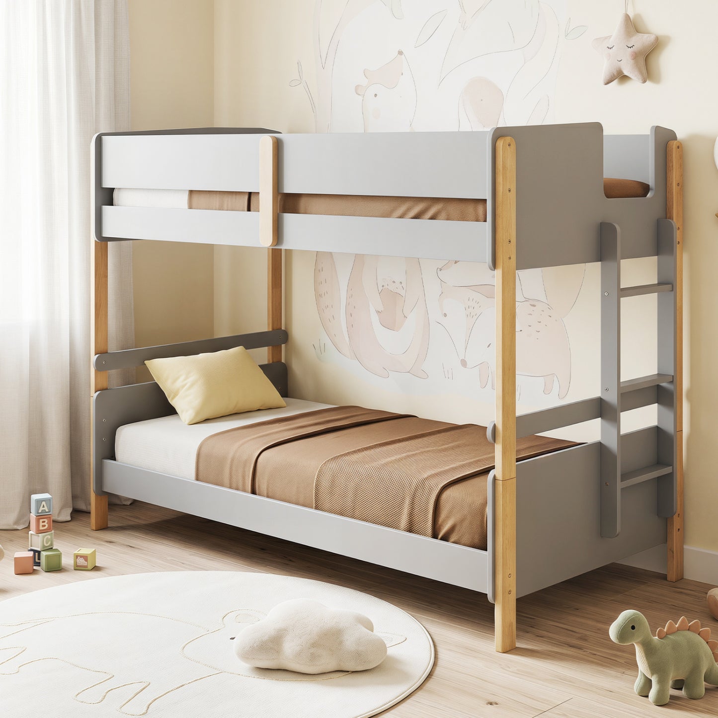Twin Over Twin Bunk Bed with Ladder Convertible to 2 Twin Beds Toddler Wood Bunk Bed-Grey, Gray Toddler Beds at Gallery Canada