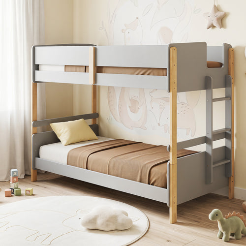 Twin Over Twin Bunk Bed with Ladder Convertible to 2 Twin Beds Toddler Wood Bunk Bed-Grey, Gray