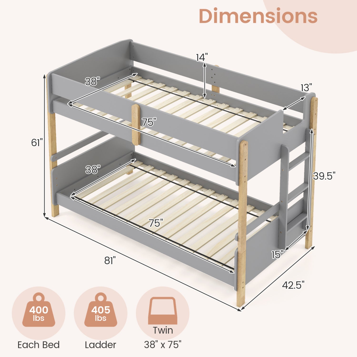 Twin Over Twin Bunk Bed with Ladder Convertible to 2 Twin Beds Toddler Wood Bunk Bed-Grey, Gray Toddler Beds at Gallery Canada