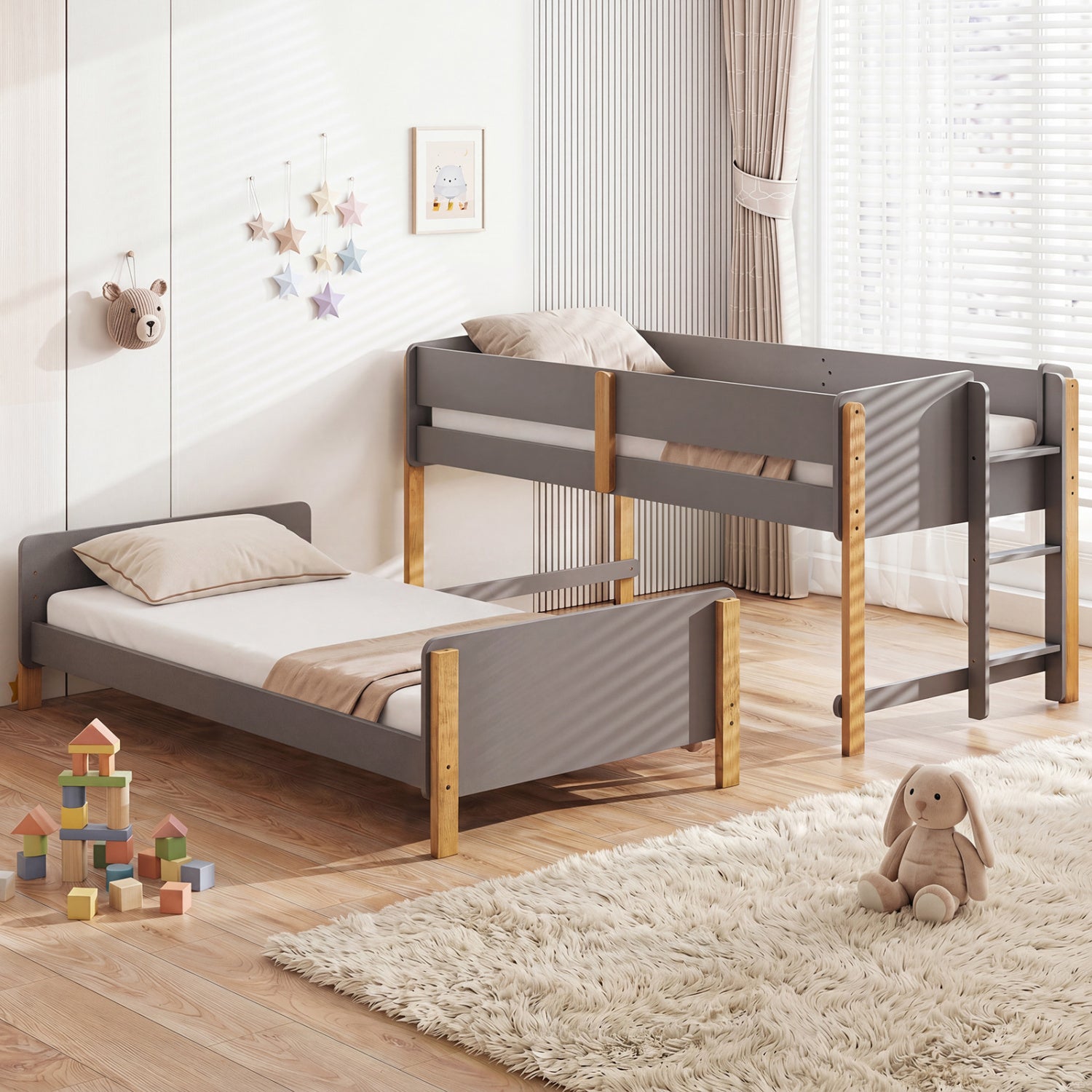 Twin Over Twin Bunk Bed with Ladder Convertible to 2 Twin Beds Toddler Wood Bunk Bed-Grey, Gray Toddler Beds at Gallery Canada