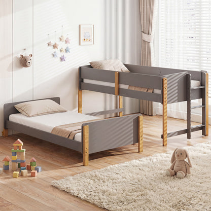 Twin Over Twin Bunk Bed with Ladder Convertible to 2 Twin Beds Toddler Wood Bunk Bed-Grey, Gray Toddler Beds at Gallery Canada