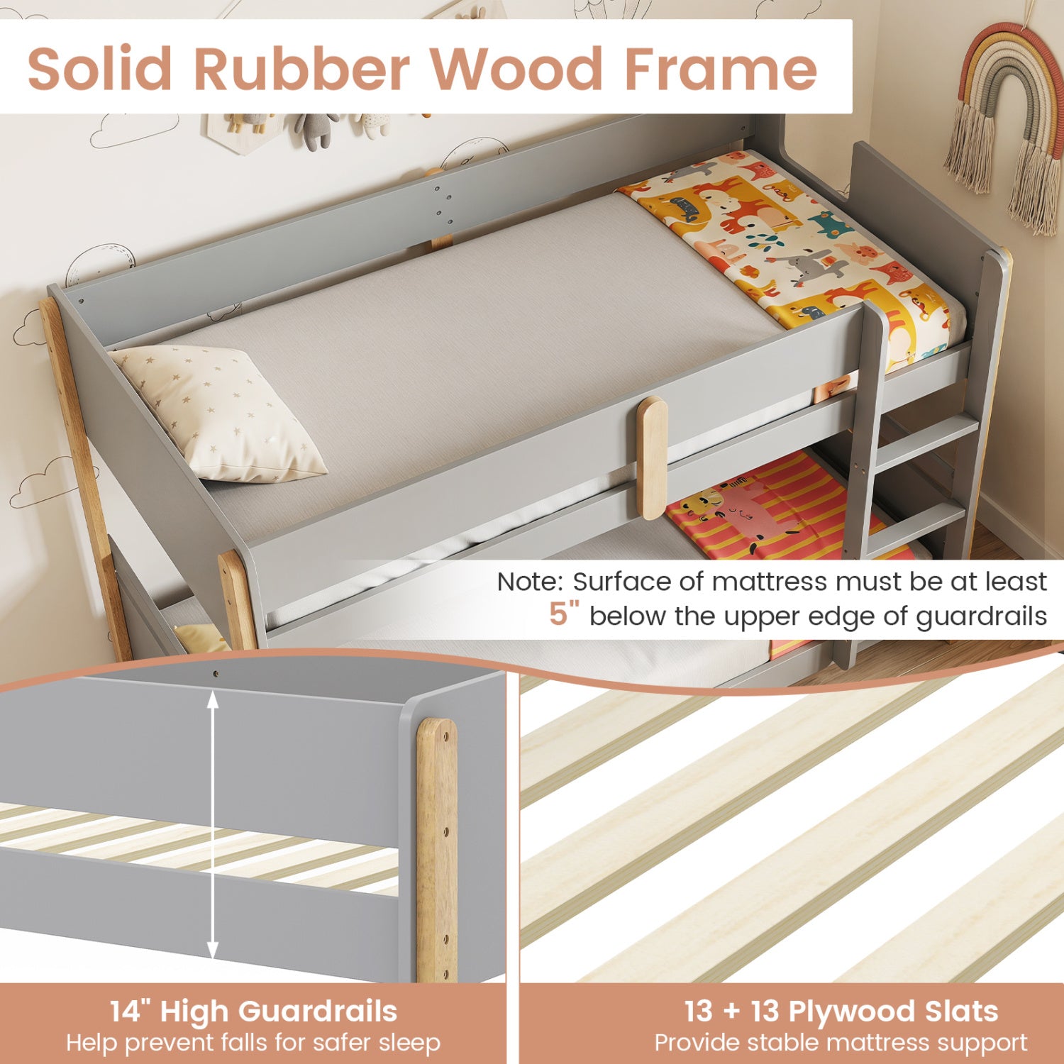 Twin Over Twin Bunk Bed with Ladder Convertible to 2 Twin Beds Toddler Wood Bunk Bed-Grey, Gray Toddler Beds at Gallery Canada