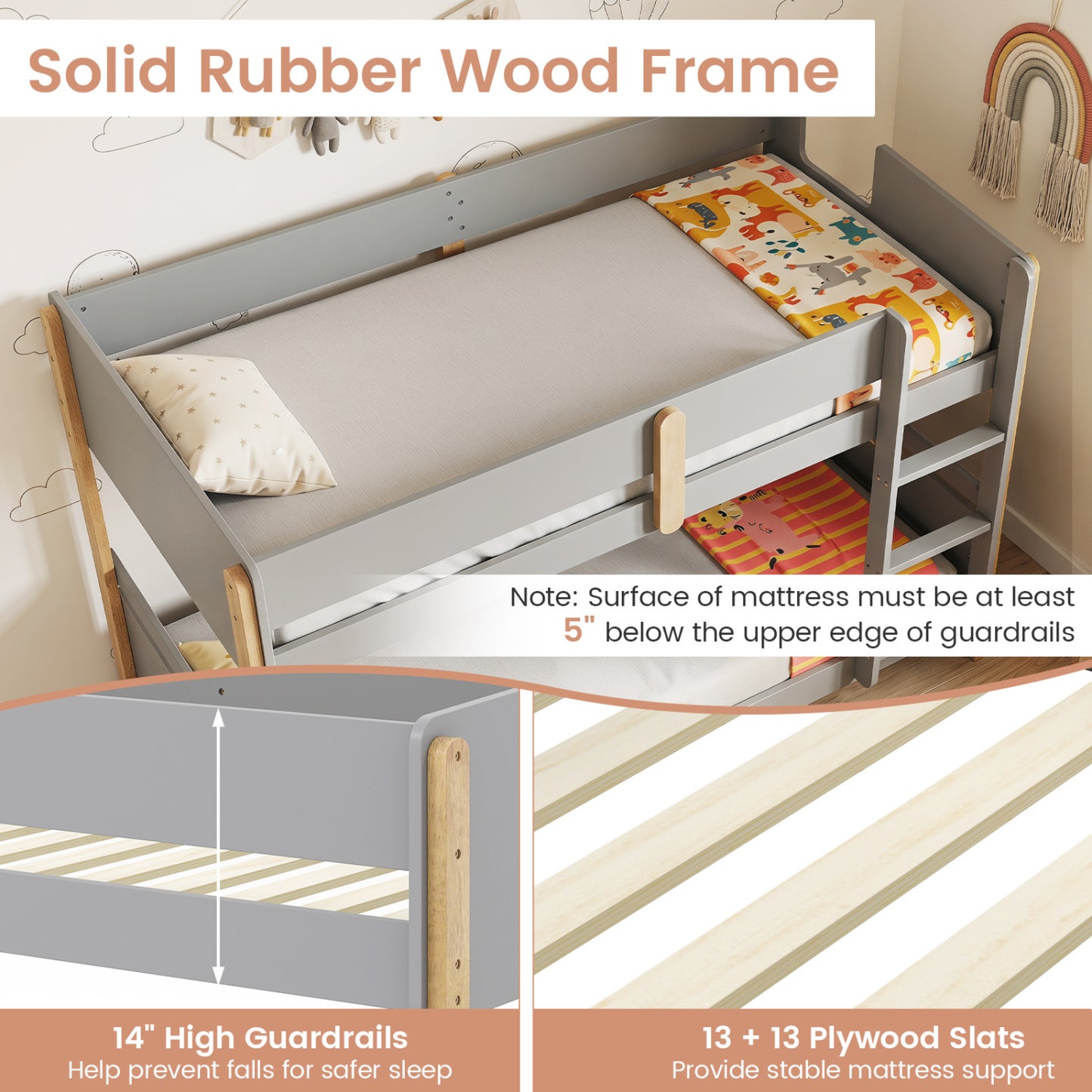 Twin Over Twin Bunk Bed with Ladder Convertible to 2 Twin Beds Toddler Wood Bunk Bed-Grey, Gray Toddler Beds at Gallery Canada