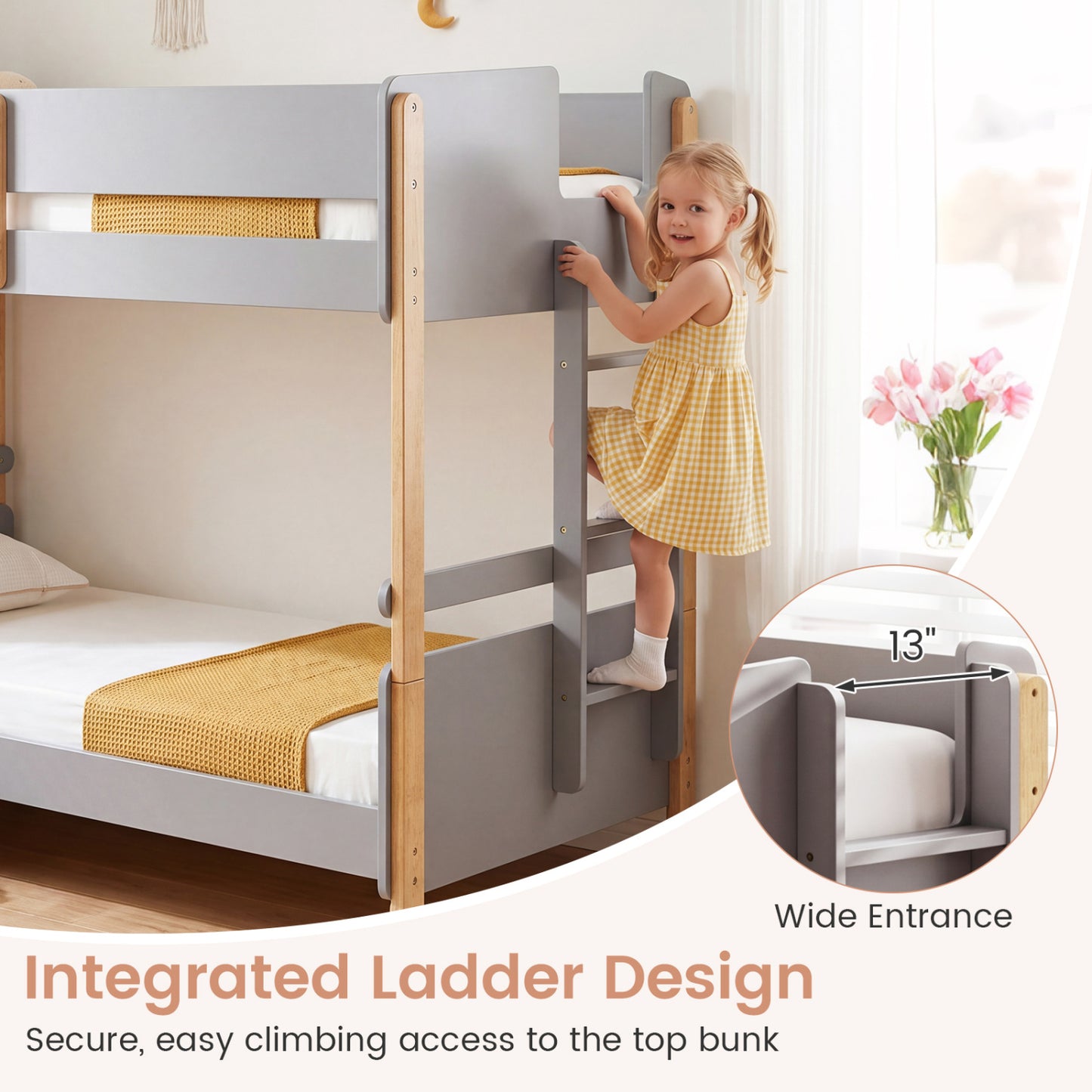 Twin Over Twin Bunk Bed with Ladder Convertible to 2 Twin Beds Toddler Wood Bunk Bed-Grey, Gray Toddler Beds at Gallery Canada