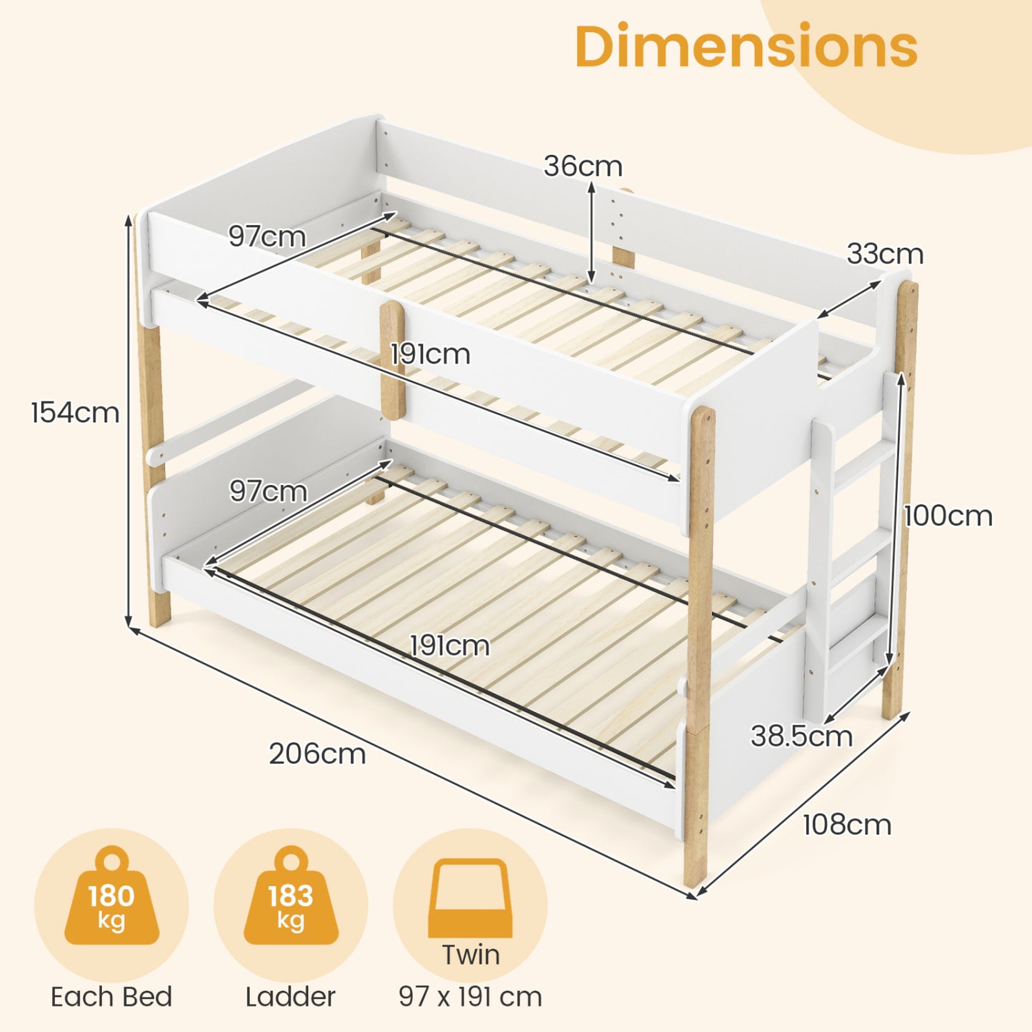 Twin Over Twin Bunk Bed with Ladder Convertible to 2 Twin Beds Toddler Wood Bunk Bed, White Toddler Beds at Gallery Canada
