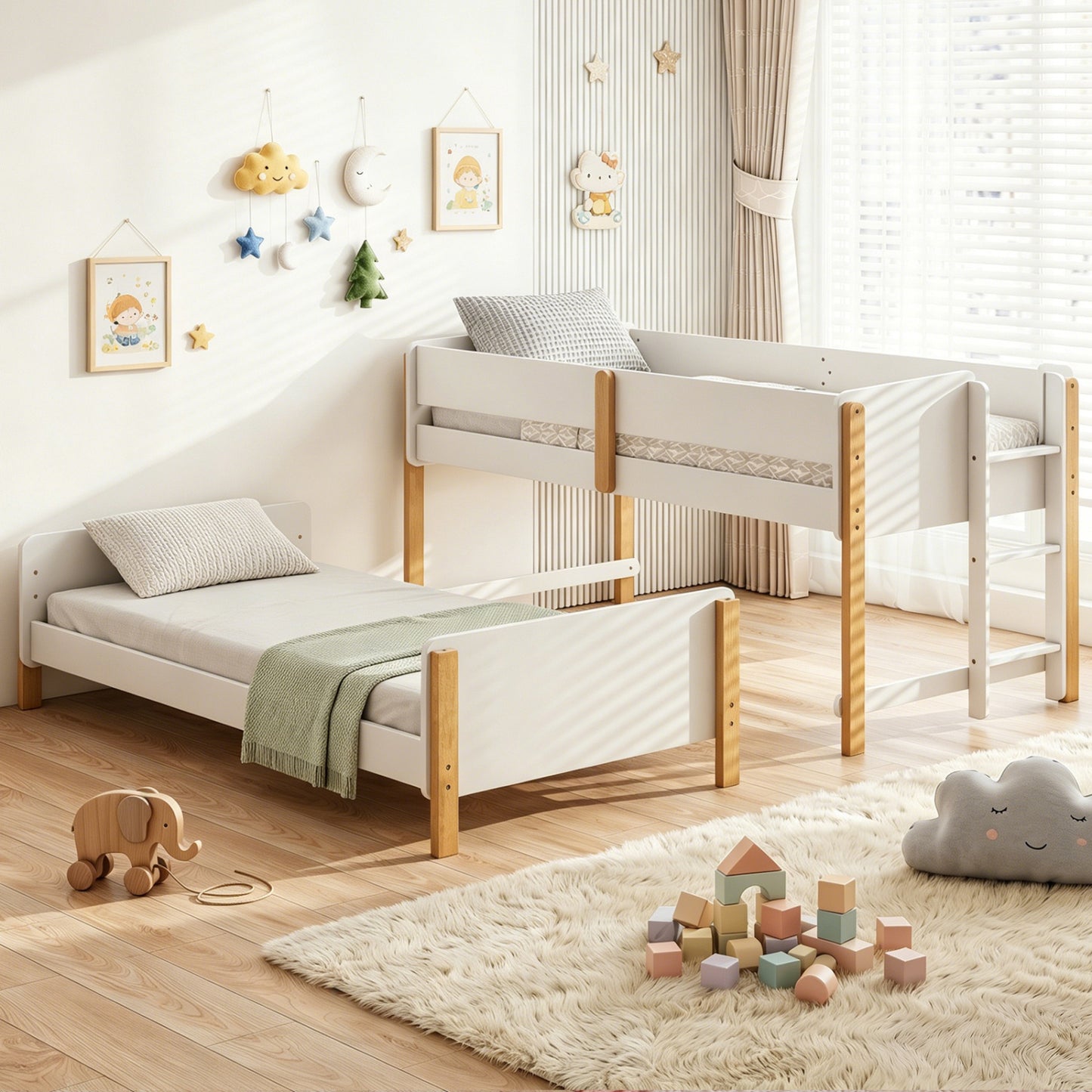 Twin Over Twin Bunk Bed with Ladder Convertible to 2 Twin Beds Toddler Wood Bunk Bed, White Toddler Beds at Gallery Canada