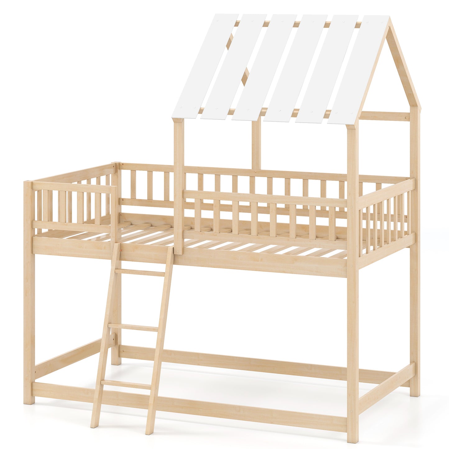 Twin Over Twin House Bunk Bed with Roof and Full-length Guardrails for Kids Teens Boys Girls, Natural Bunk Bed Frame at Gallery Canada