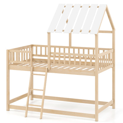 Twin Over Twin House Bunk Bed with Roof and Full-length Guardrails for Kids Teens Boys Girls, Natural Bunk Bed Frame at Gallery Canada