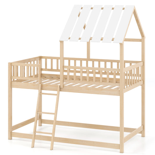 Twin Over Twin House Bunk Bed with Roof and Full-length Guardrails for Kids Teens Boys Girls, Natural Bunk Bed Frame Natural at Gallery Canada
