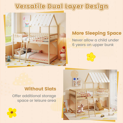 Twin Over Twin House Bunk Bed with Roof and Full-length Guardrails for Kids Teens Boys Girls, Natural Bunk Bed Frame at Gallery Canada