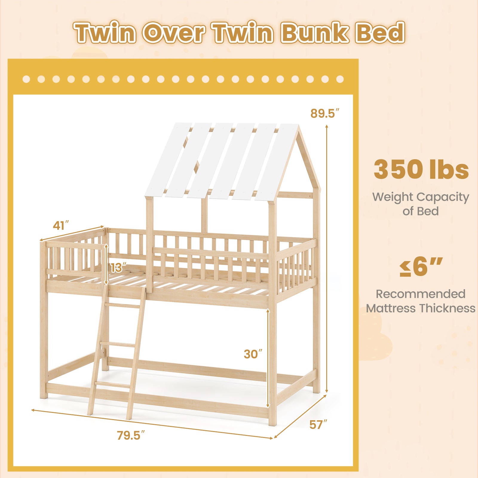 Twin Over Twin House Bunk Bed with Roof and Full-length Guardrails for Kids Teens Boys Girls, Natural Bunk Bed Frame at Gallery Canada