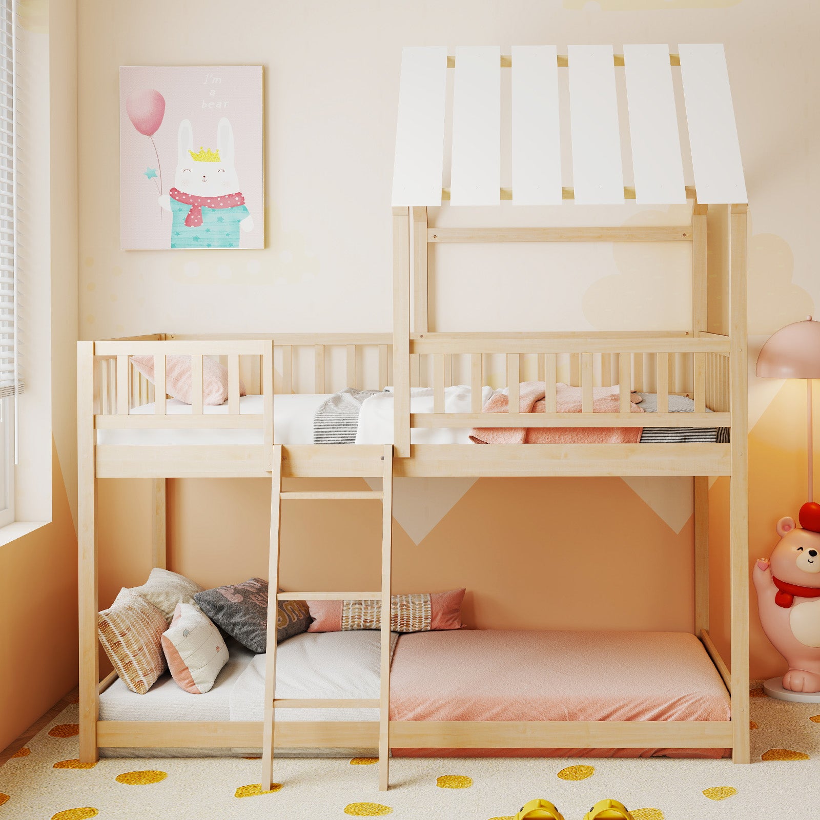 Twin Over Twin House Bunk Bed with Roof and Full-length Guardrails for Kids Teens Boys Girls, Natural Bunk Bed Frame at Gallery Canada