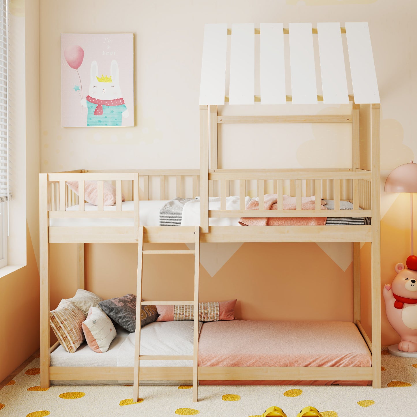 Twin Over Twin House Bunk Bed with Roof and Full-length Guardrails for Kids Teens Boys Girls, Natural Bunk Bed Frame at Gallery Canada