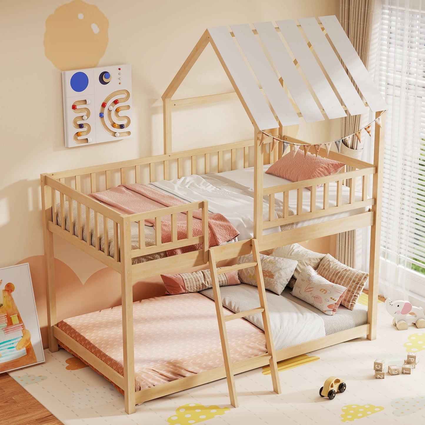 Twin Over Twin House Bunk Bed with Roof and Full-length Guardrails for Kids Teens Boys Girls, Natural Bunk Bed Frame at Gallery Canada