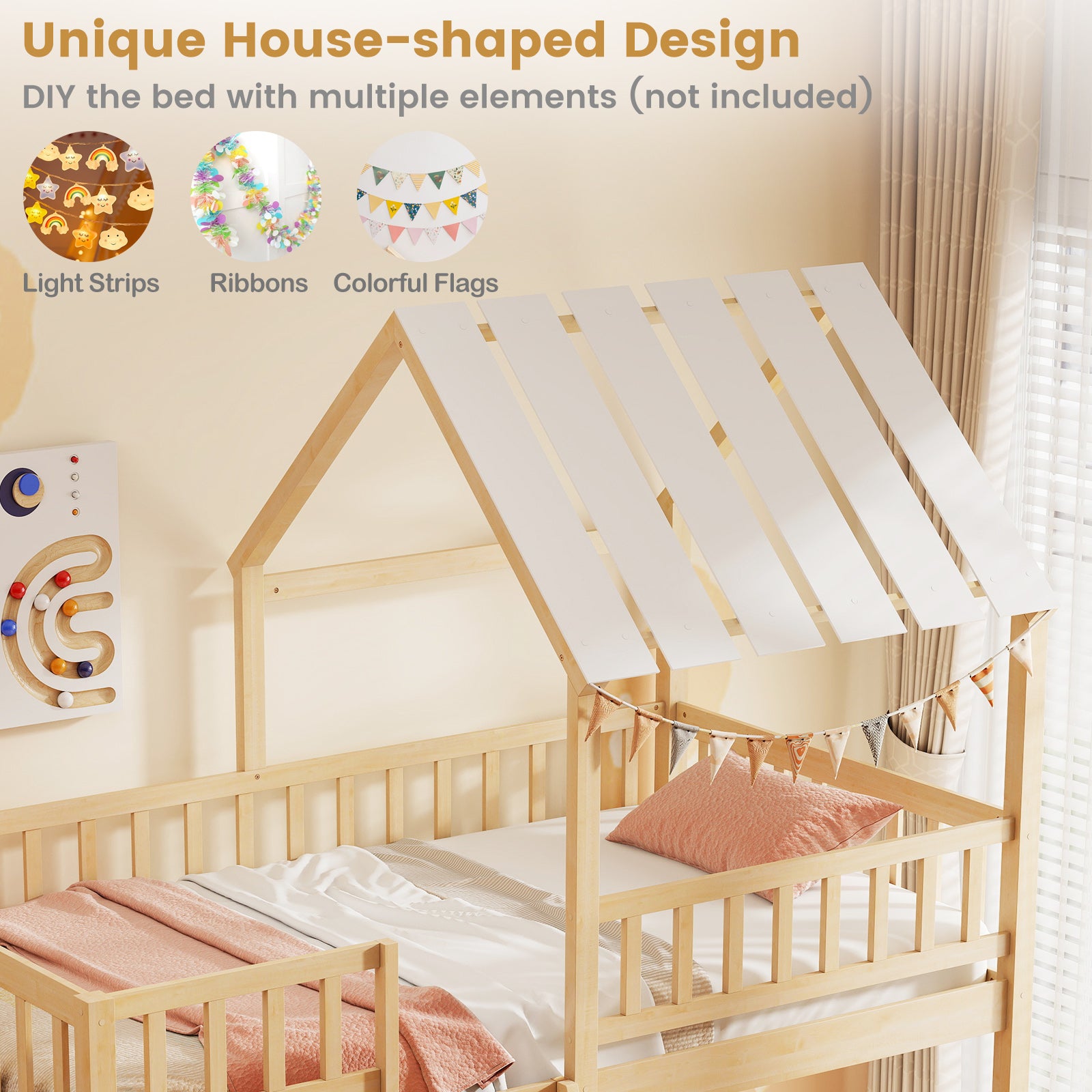 Twin Over Twin House Bunk Bed with Roof and Full-length Guardrails for Kids Teens Boys Girls, Natural Bunk Bed Frame at Gallery Canada