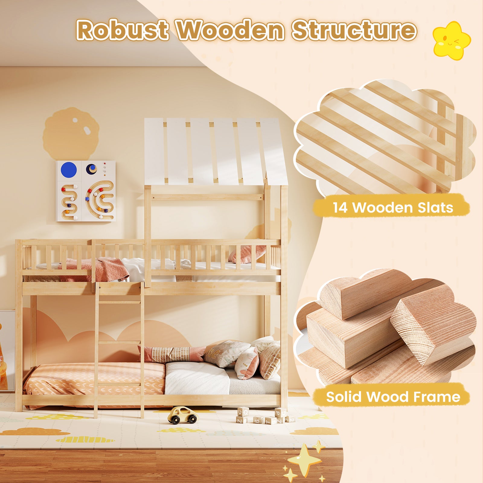 Twin Over Twin House Bunk Bed with Roof and Full-length Guardrails for Kids Teens Boys Girls, Natural Bunk Bed Frame at Gallery Canada