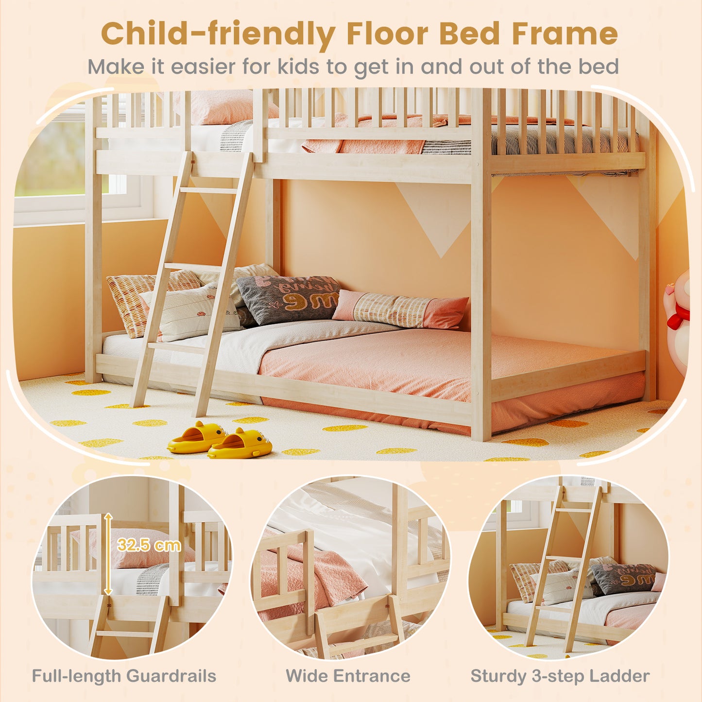 Twin Over Twin House Bunk Bed with Roof and Full-length Guardrails for Kids Teens Boys Girls, Natural Bunk Bed Frame at Gallery Canada