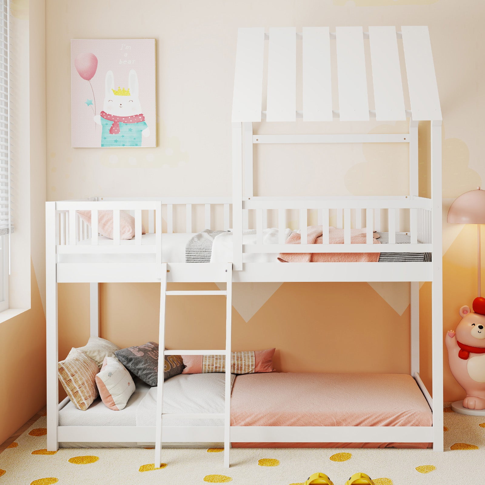 Twin Over Twin House Bunk Bed with Roof and Full-length Guardrails for Kids Teens Boys Girls, White Bunk Bed Frame at Gallery Canada