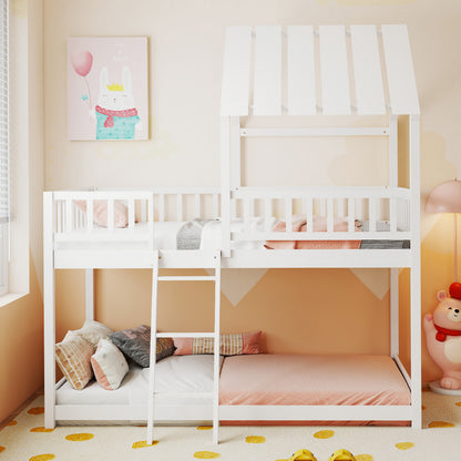 Twin Over Twin House Bunk Bed with Roof and Full-length Guardrails for Kids Teens Boys Girls, White Bunk Bed Frame at Gallery Canada