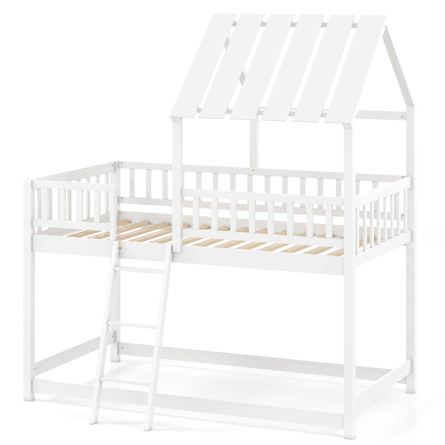 Twin Over Twin House Bunk Bed with Roof and Full-length Guardrails for Kids Teens Boys Girls, White Bunk Bed Frame at Gallery Canada