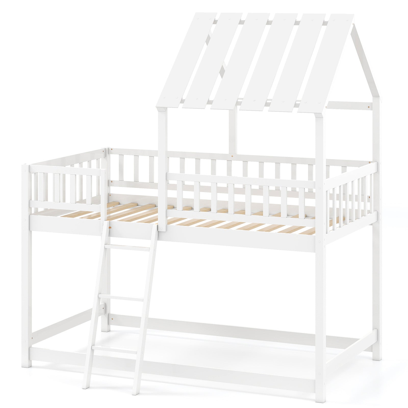 Twin Over Twin House Bunk Bed with Roof and Full-length Guardrails for Kids Teens Boys Girls, White Bunk Bed Frame at Gallery Canada