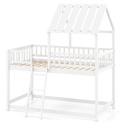 Twin Over Twin House Bunk Bed with Roof and Full-length Guardrails for Kids Teens Boys Girls, White Bunk Bed Frame at Gallery Canada