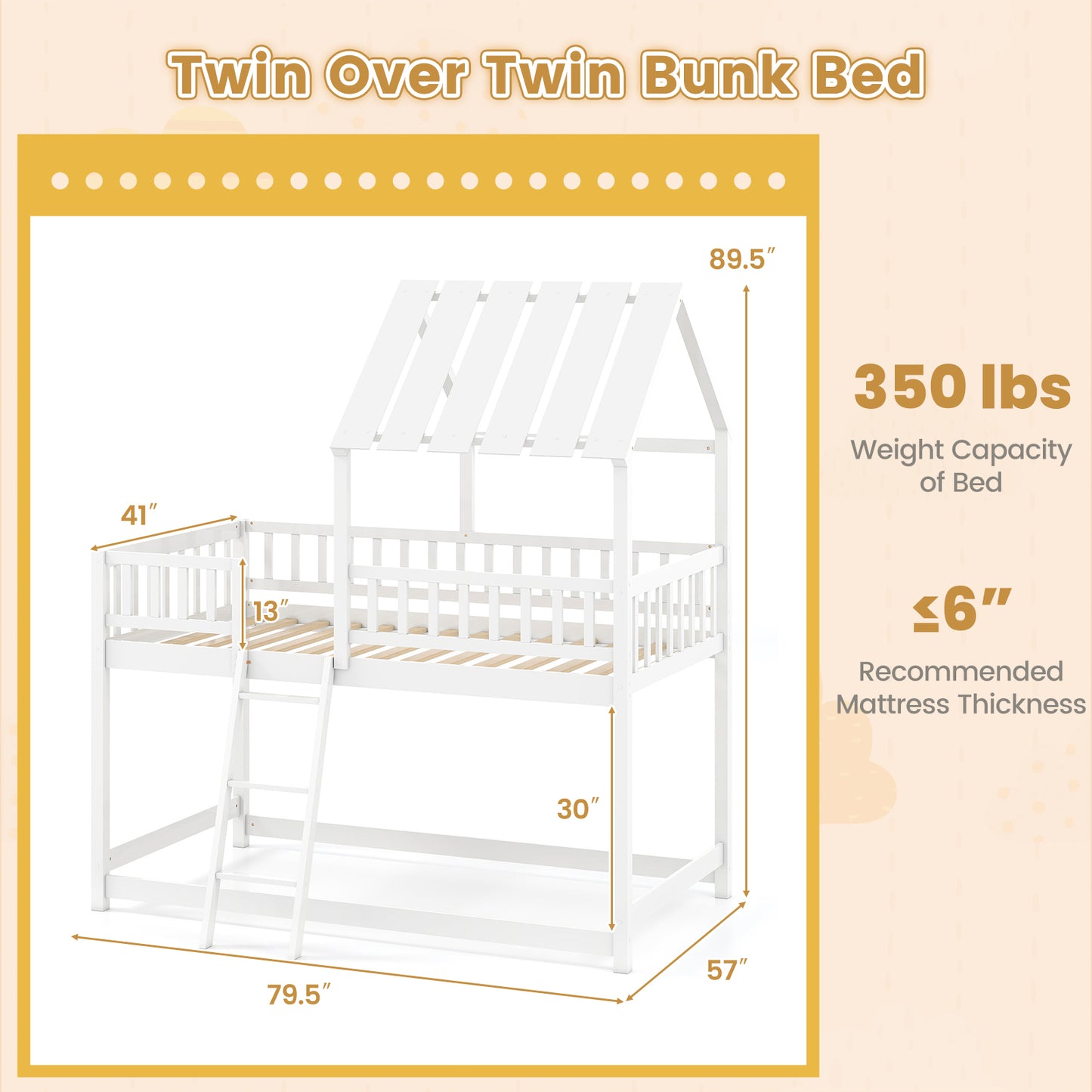 Twin Over Twin House Bunk Bed with Roof and Full-length Guardrails for Kids Teens Boys Girls, White Bunk Bed Frame at Gallery Canada