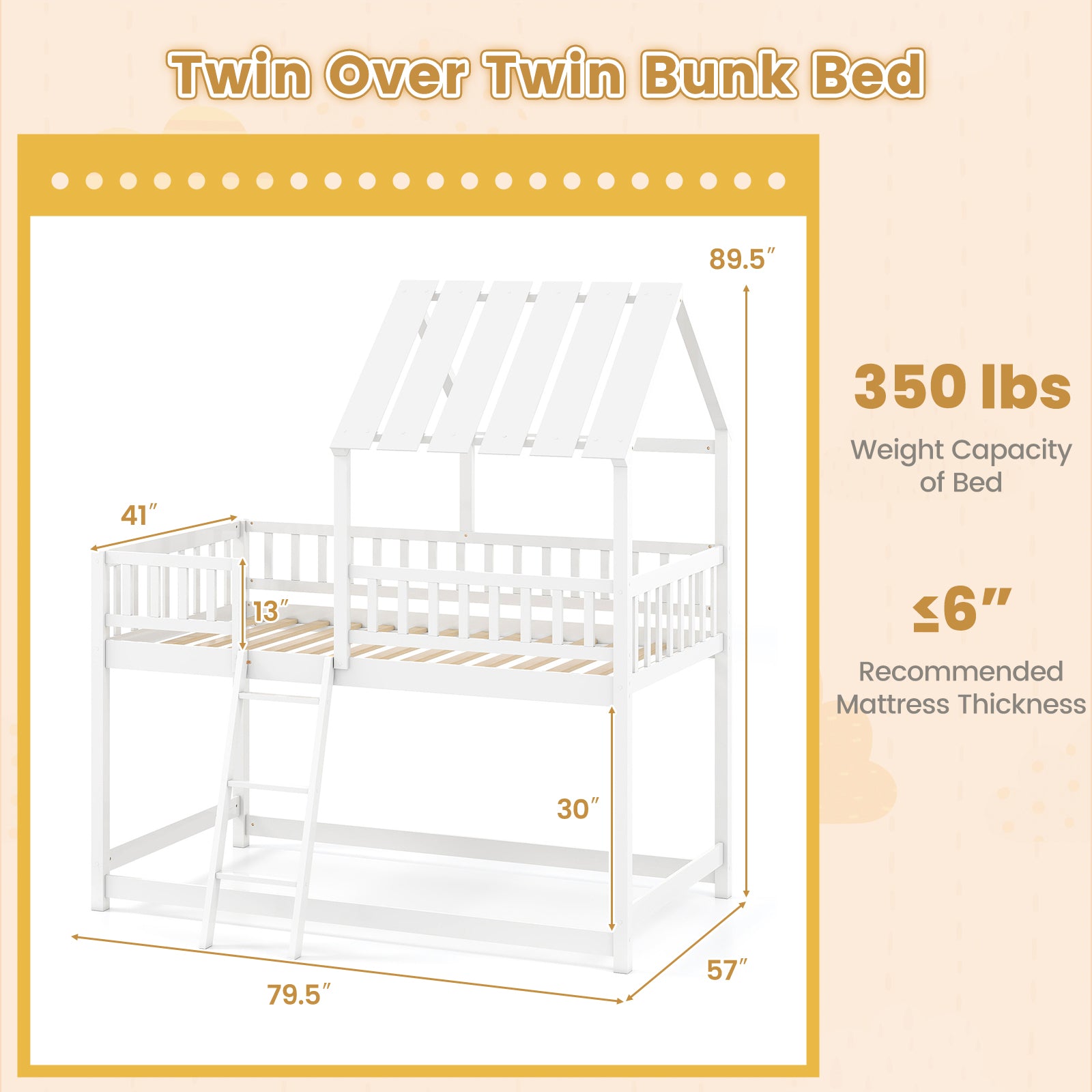 Twin Over Twin House Bunk Bed with Roof and Full-length Guardrails for Kids Teens Boys Girls, White Bunk Bed Frame at Gallery Canada