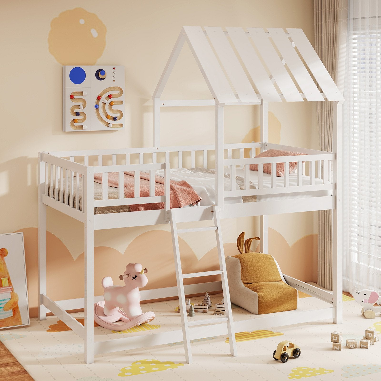 Twin Over Twin House Bunk Bed with Roof and Full-length Guardrails for Kids Teens Boys Girls, White Bunk Bed Frame at Gallery Canada