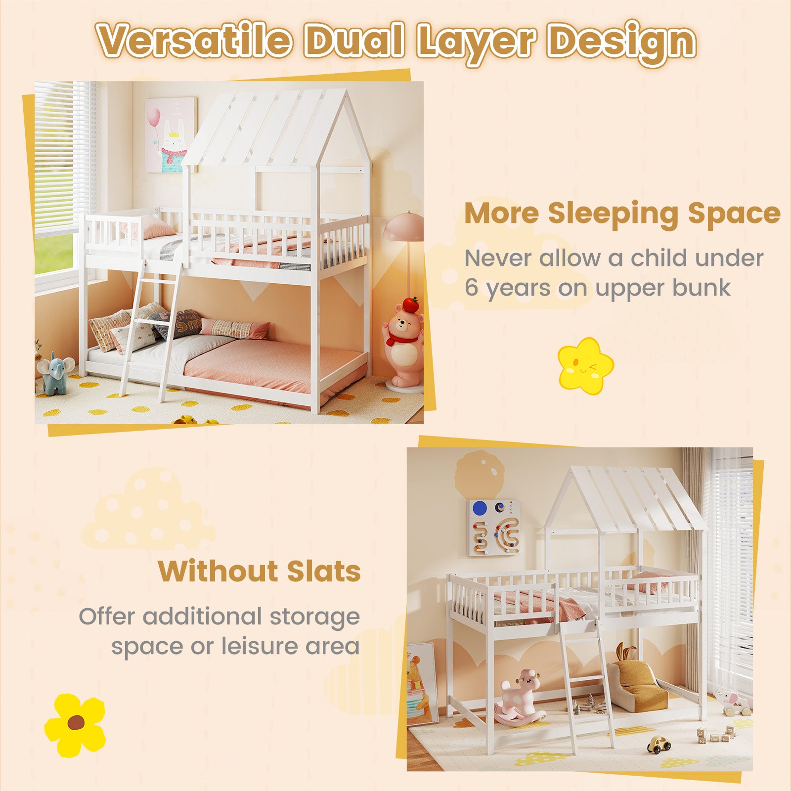 Twin Over Twin House Bunk Bed with Roof and Full-length Guardrails for Kids Teens Boys Girls, White Bunk Bed Frame at Gallery Canada