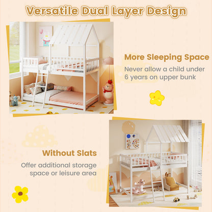 Twin Over Twin House Bunk Bed with Roof and Full-length Guardrails for Kids Teens Boys Girls, White Bunk Bed Frame at Gallery Canada