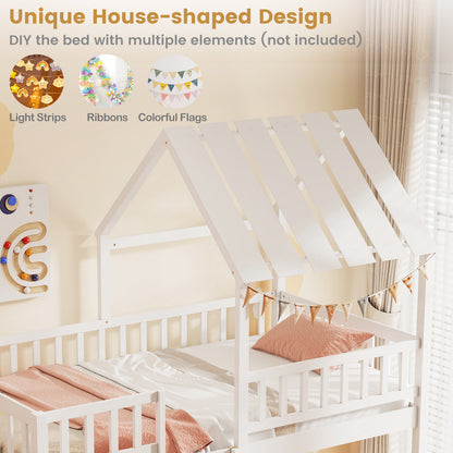 Twin Over Twin House Bunk Bed with Roof and Full-length Guardrails for Kids Teens Boys Girls, White Bunk Bed Frame at Gallery Canada