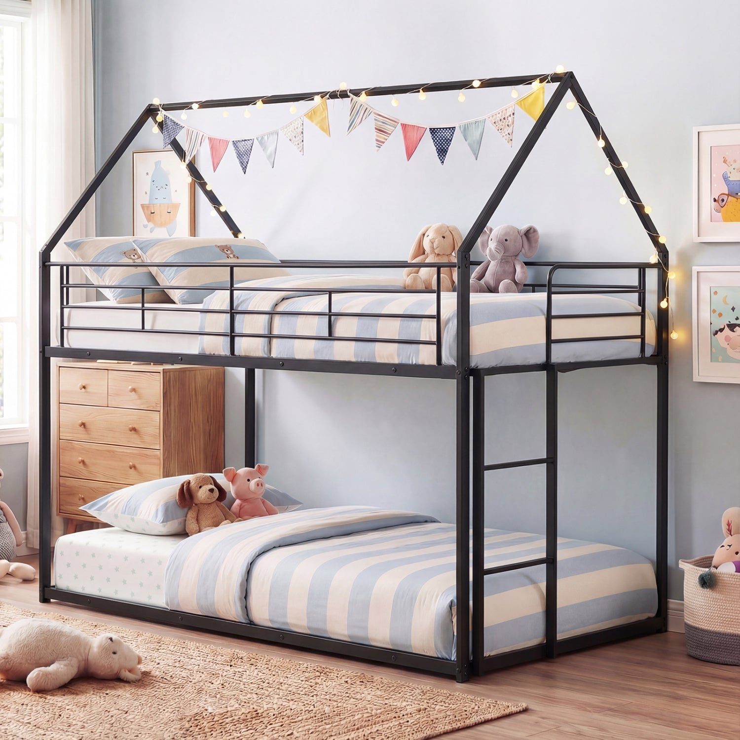 Twin Over Twin Metal Bunk Bed With Roof, Ladder, Black Bunk Bed Frame at Gallery Canada