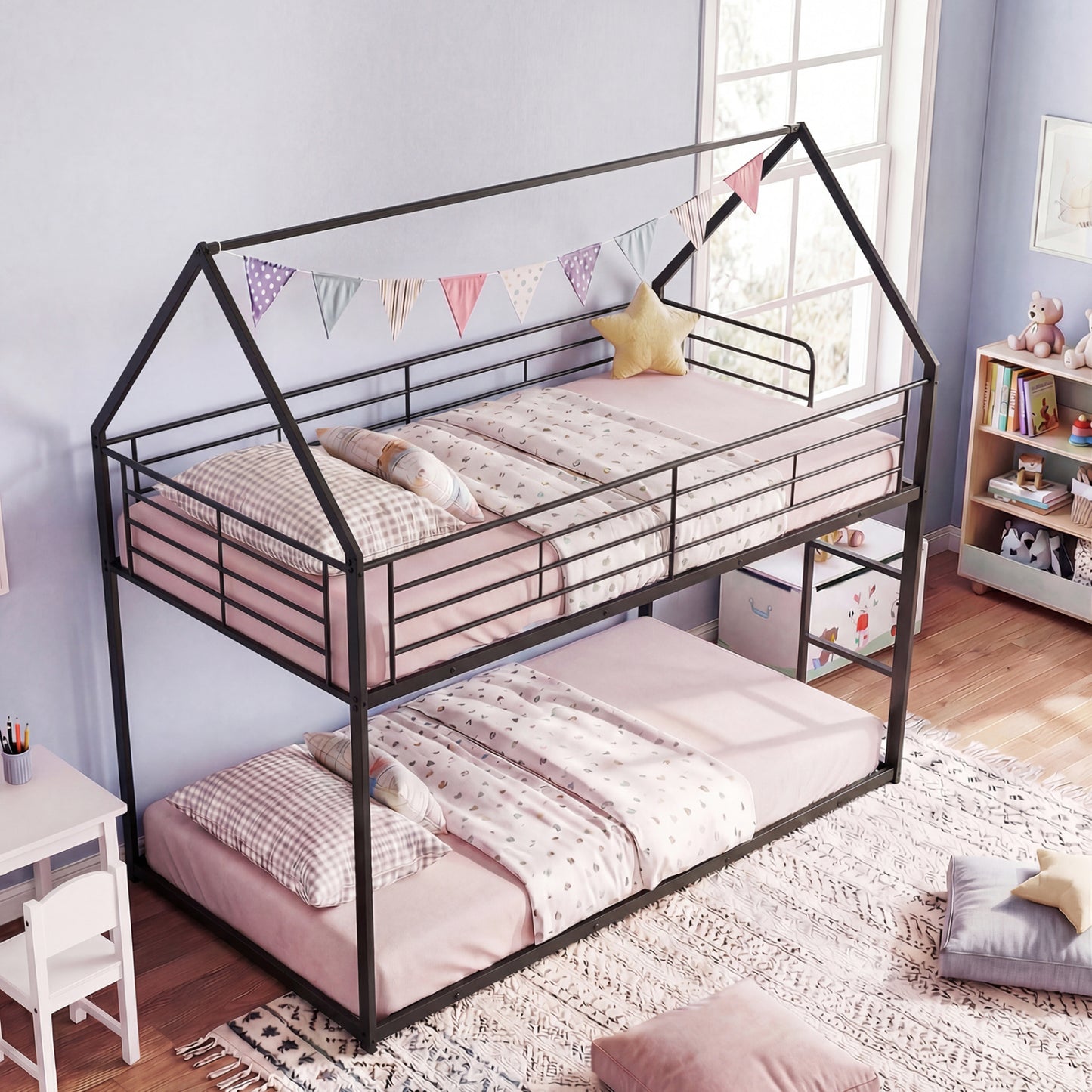 Twin Over Twin Metal Bunk Bed With Roof, Ladder, Black Bunk Bed Frame at Gallery Canada