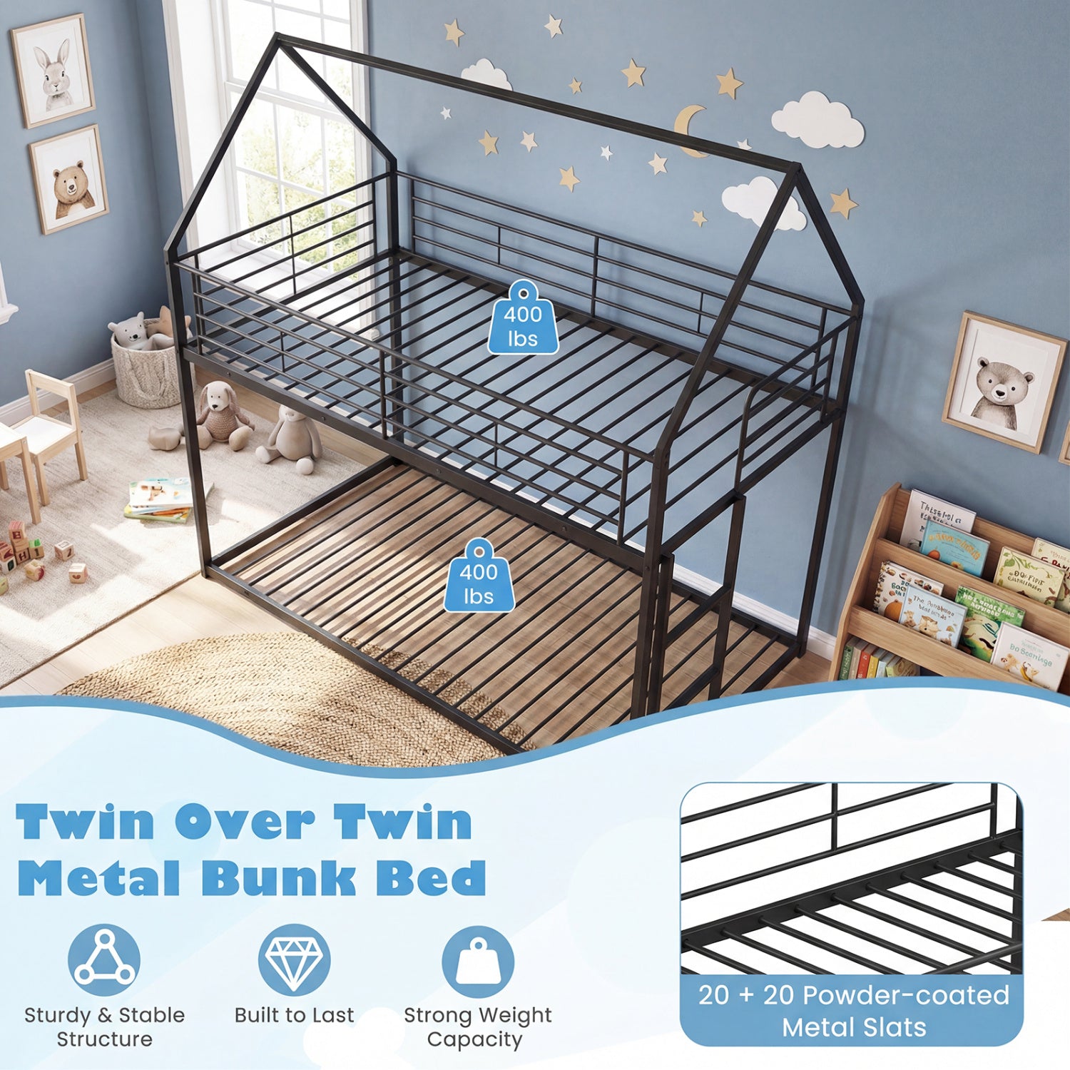 Twin Over Twin Metal Bunk Bed With Roof, Ladder, Black Bunk Bed Frame at Gallery Canada