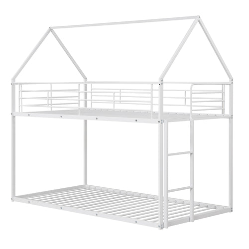 Twin Over Twin Metal Bunk Bed, Roof And Ladder, White