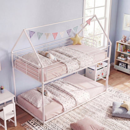 Twin Over Twin Metal Bunk Bed, Roof And Ladder, White Bunk Bed Frame at Gallery Canada