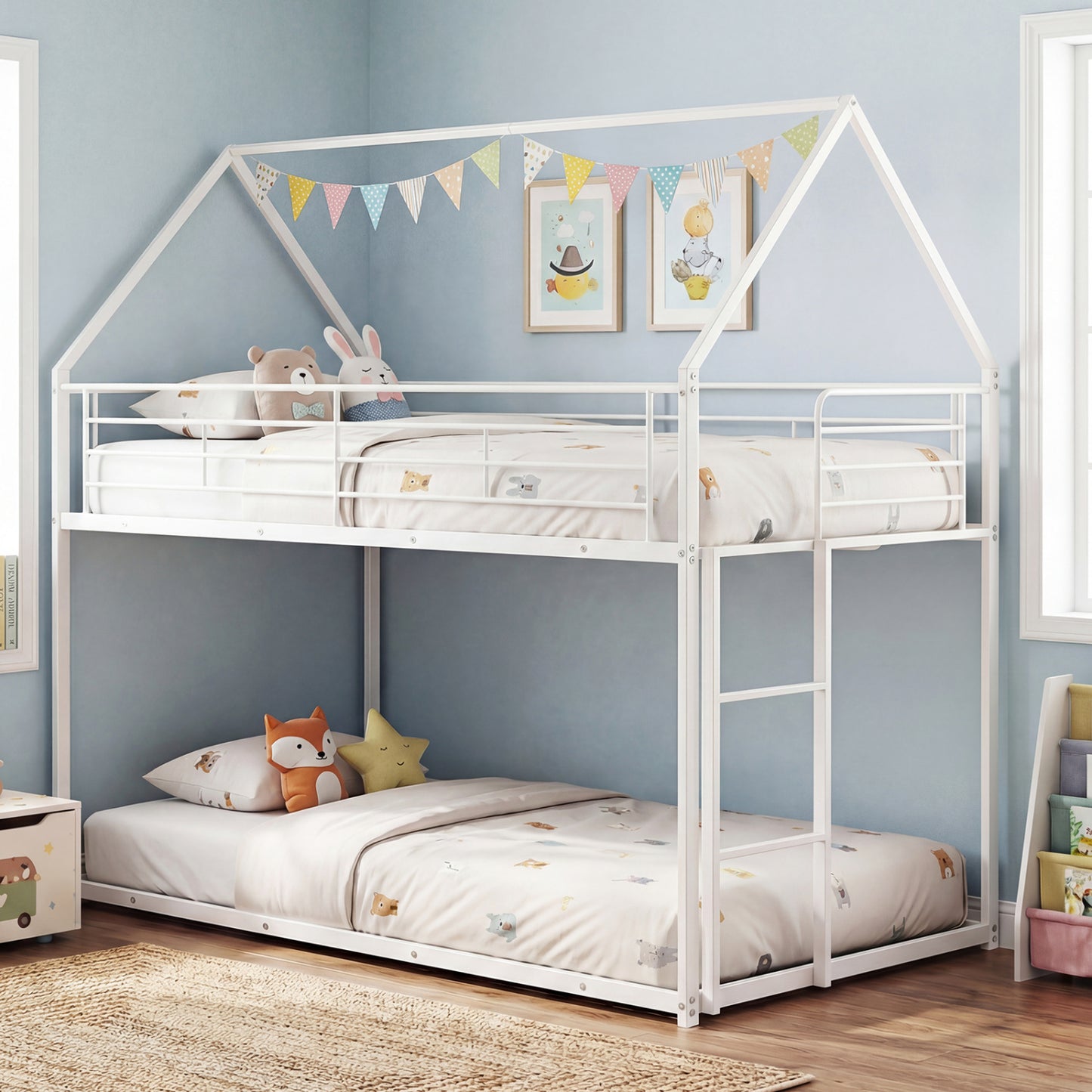 Twin Over Twin Metal Bunk Bed, Roof And Ladder, White Bunk Bed Frame at Gallery Canada
