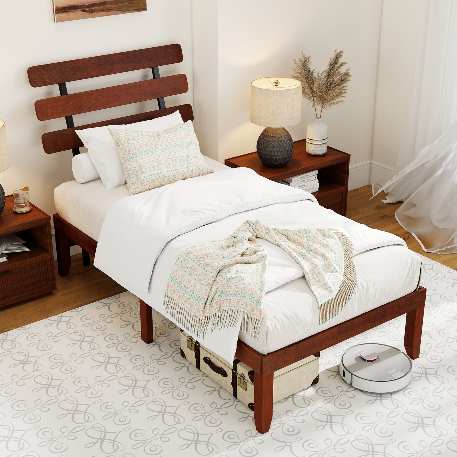Twin Size Bed Frame 15.5 Inch Solid Wood Platform Bed with Retro Headboard, Walnut Simple Bed Frame at Gallery Canada