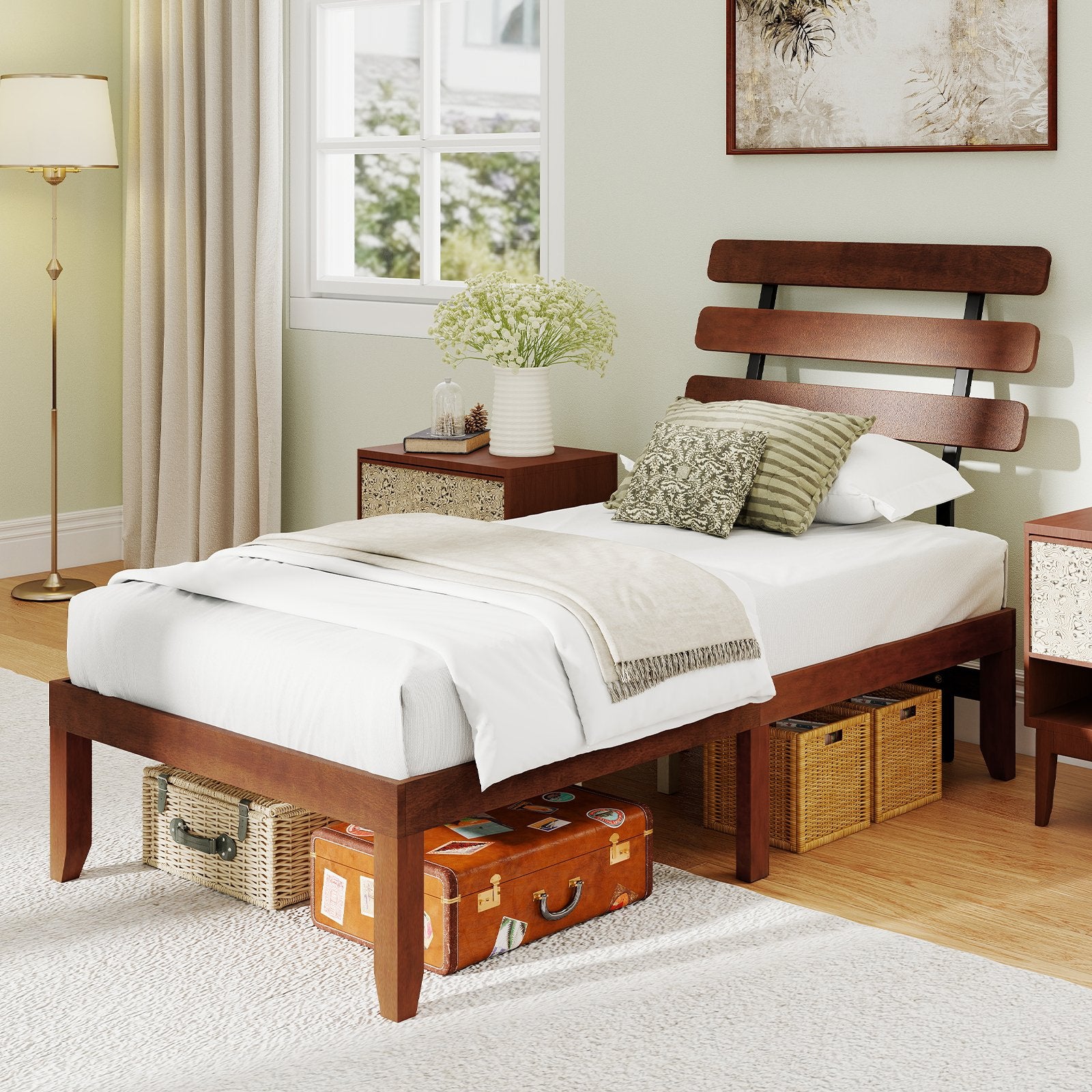 Twin Size Bed Frame 15.5 Inch Solid Wood Platform Bed with Retro Headboard, Walnut Simple Bed Frame at Gallery Canada