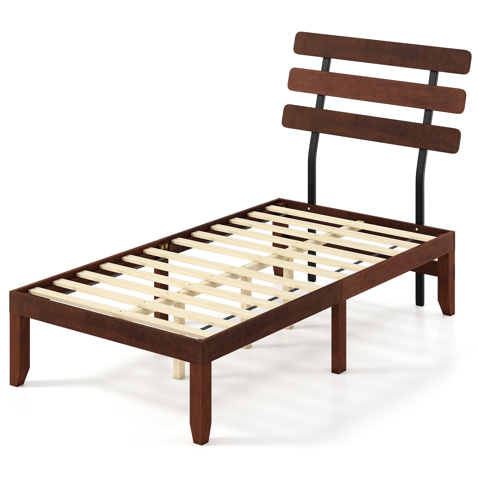 Twin Size Bed Frame 15.5 Inch Solid Wood Platform Bed with Retro Headboard, Walnut Simple Bed Frame Walnut at Gallery Canada