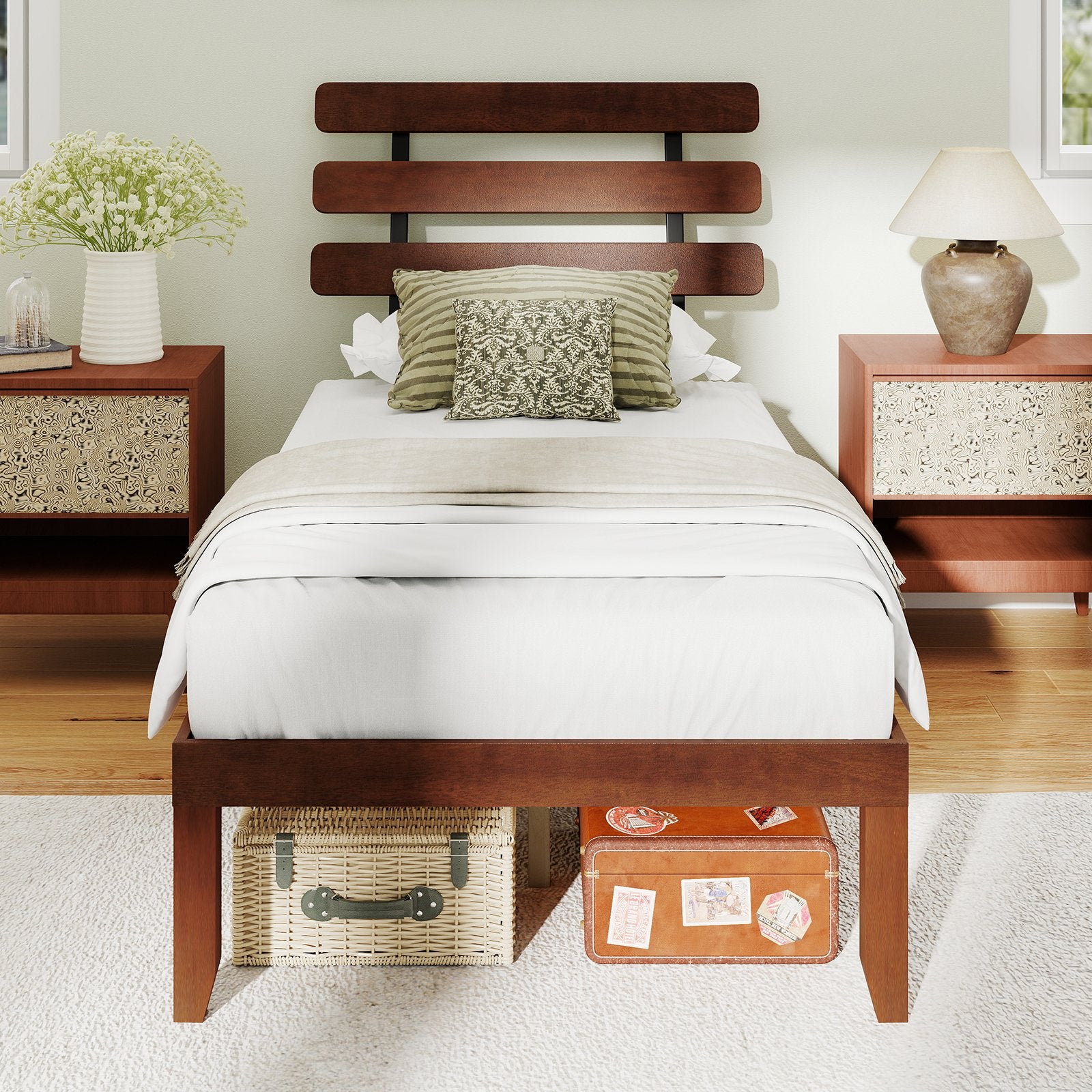 Twin Size Bed Frame 15.5 Inch Solid Wood Platform Bed with Retro Headboard, Walnut Simple Bed Frame at Gallery Canada