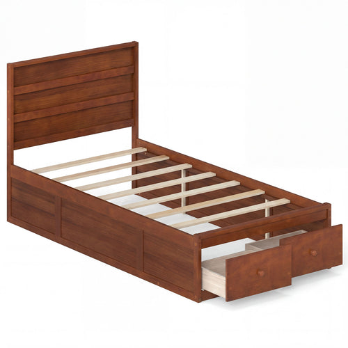 Twin Size Bed Frame with Storage Drawers and Headboard, Walnut
