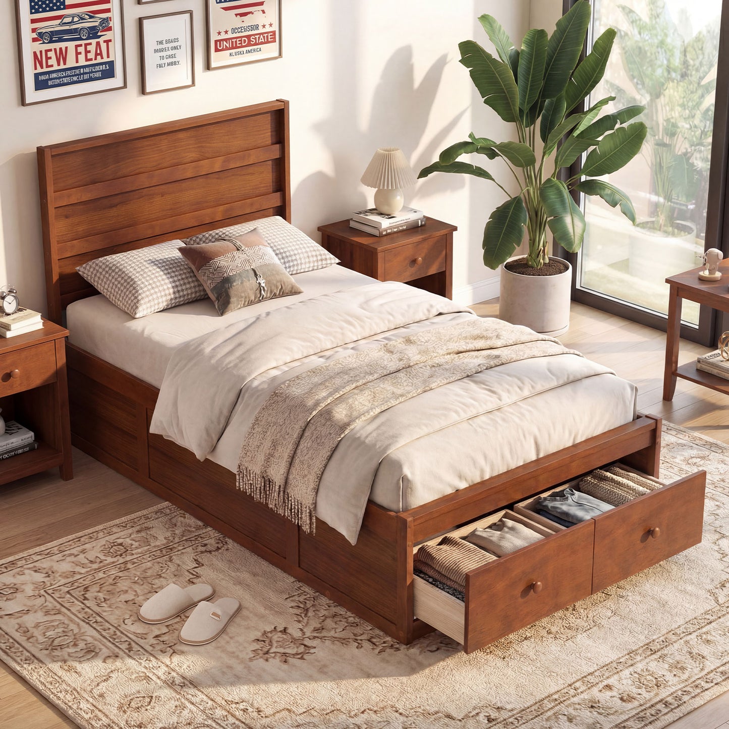 Twin Size Bed Frame with Storage Drawers and Headboard, Walnut Simple Bed Frame at Gallery Canada