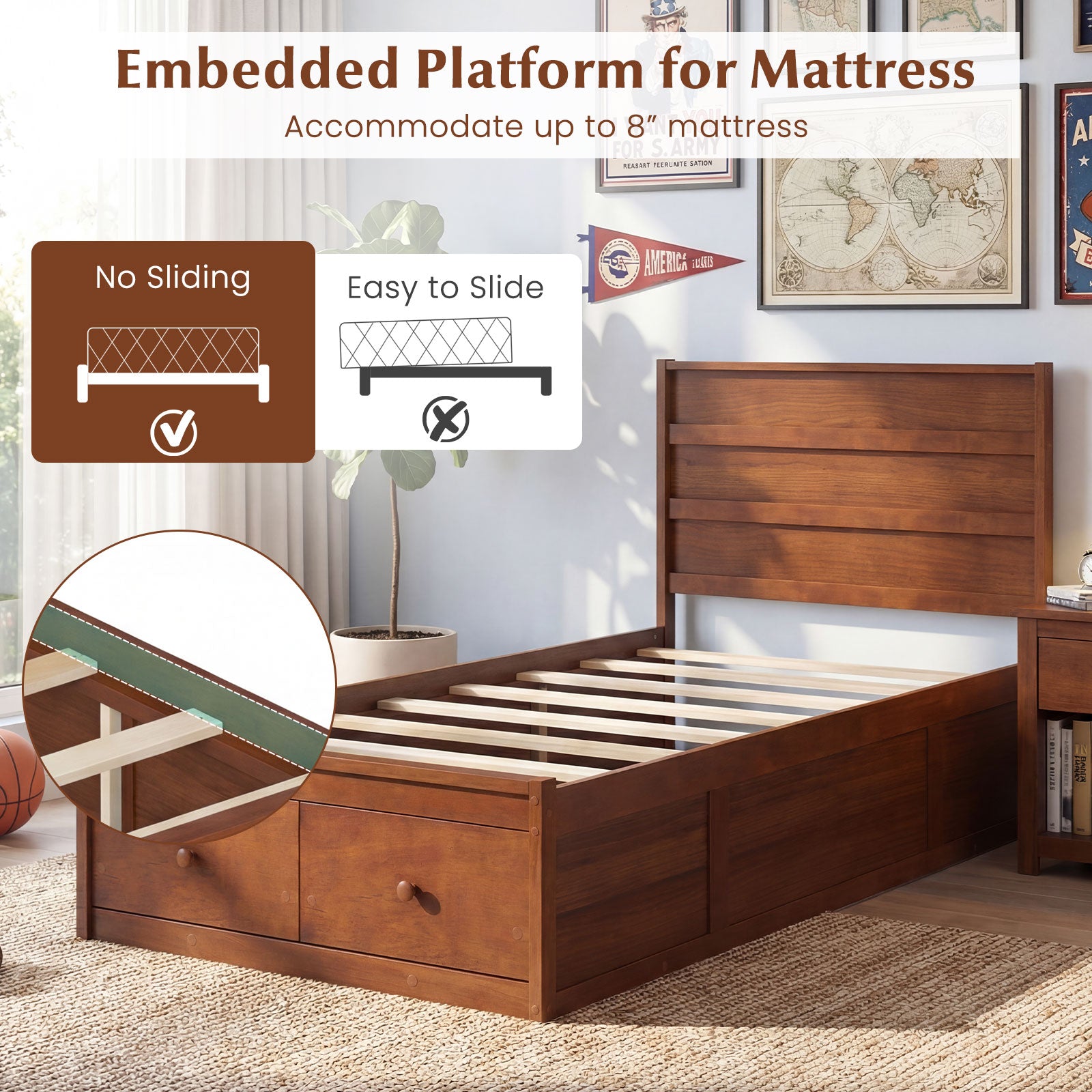 Twin Size Bed Frame with Storage Drawers and Headboard, Walnut Simple Bed Frame at Gallery Canada