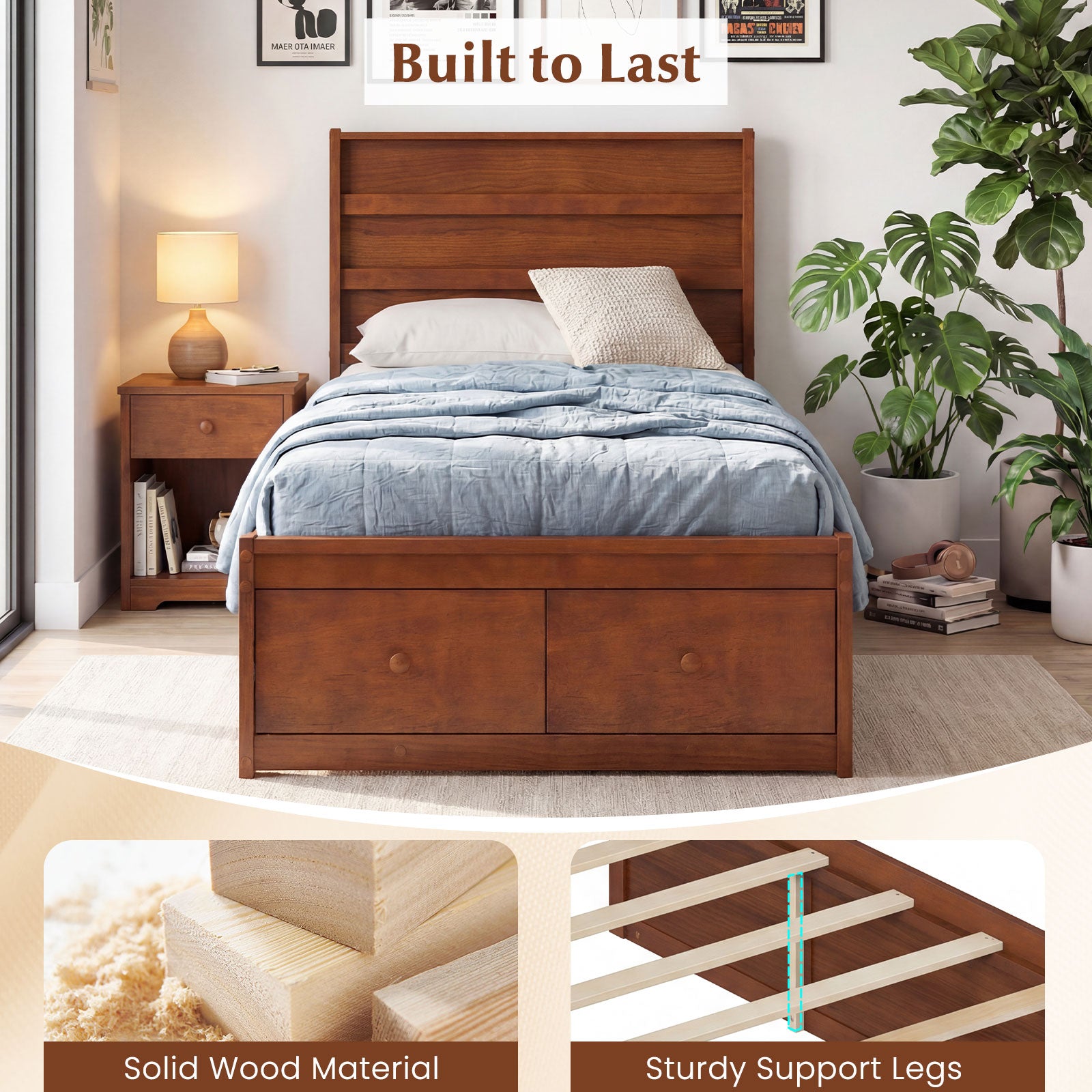 Twin Size Bed Frame with Storage Drawers and Headboard, Walnut Simple Bed Frame at Gallery Canada