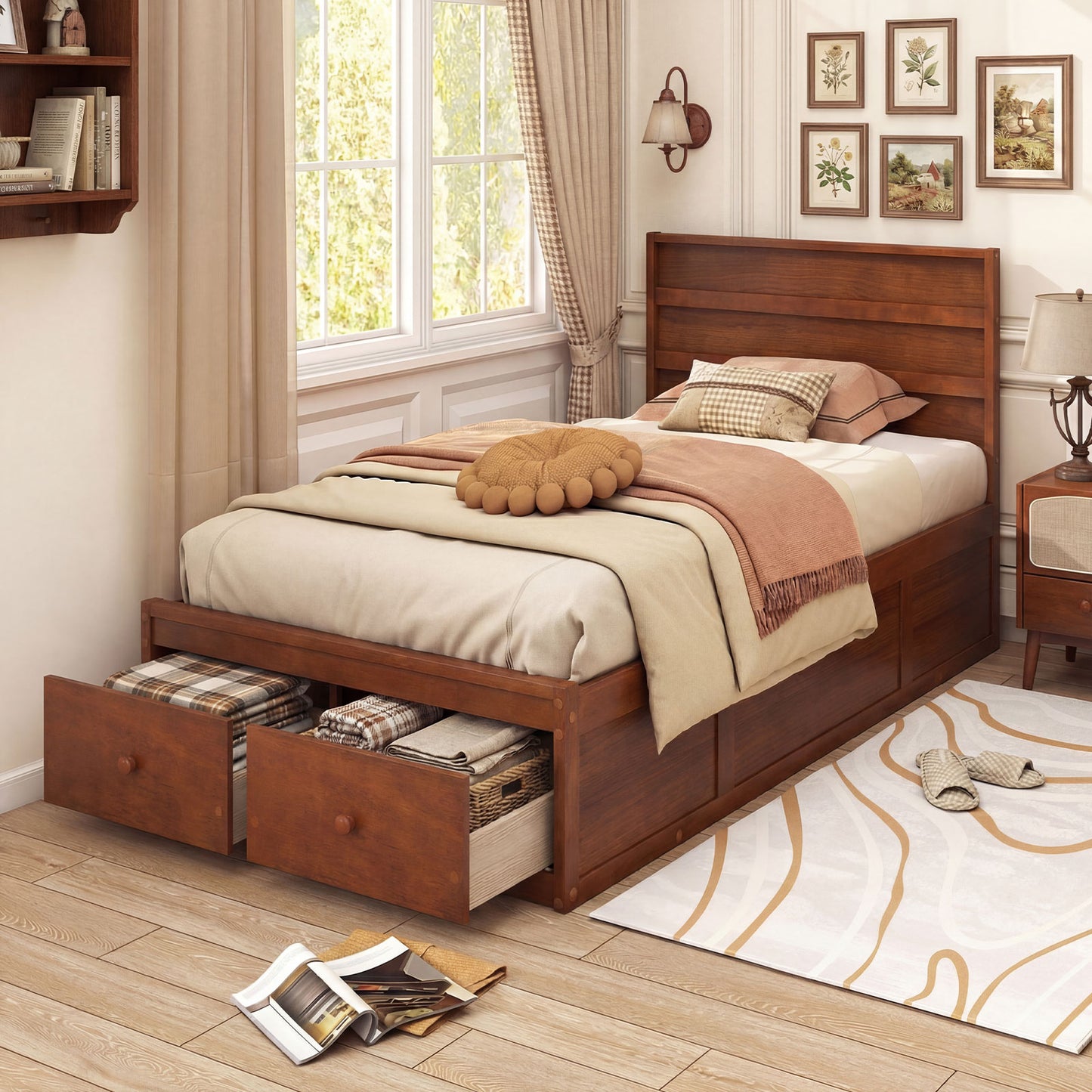 Twin Size Bed Frame with Storage Drawers and Headboard, Walnut Simple Bed Frame at Gallery Canada